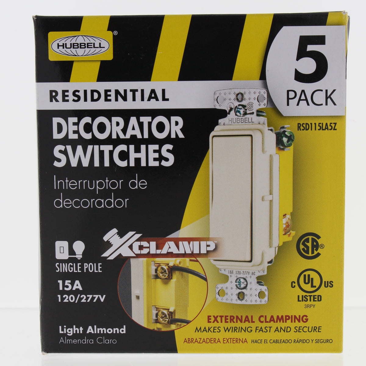 Hubbell Light Almond Decorator Rocker Wall Light Switches Single Pole 15A 5-Pack