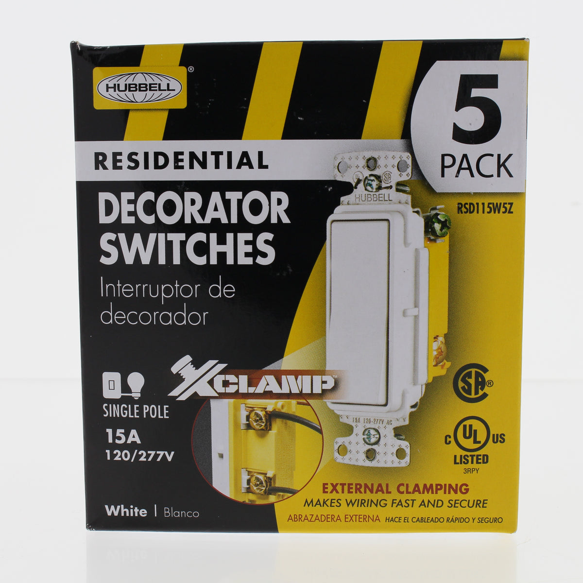 Hubbell RSD115W White Decorator Rocker Wall Light 15A Switches Single Pole 5pcs