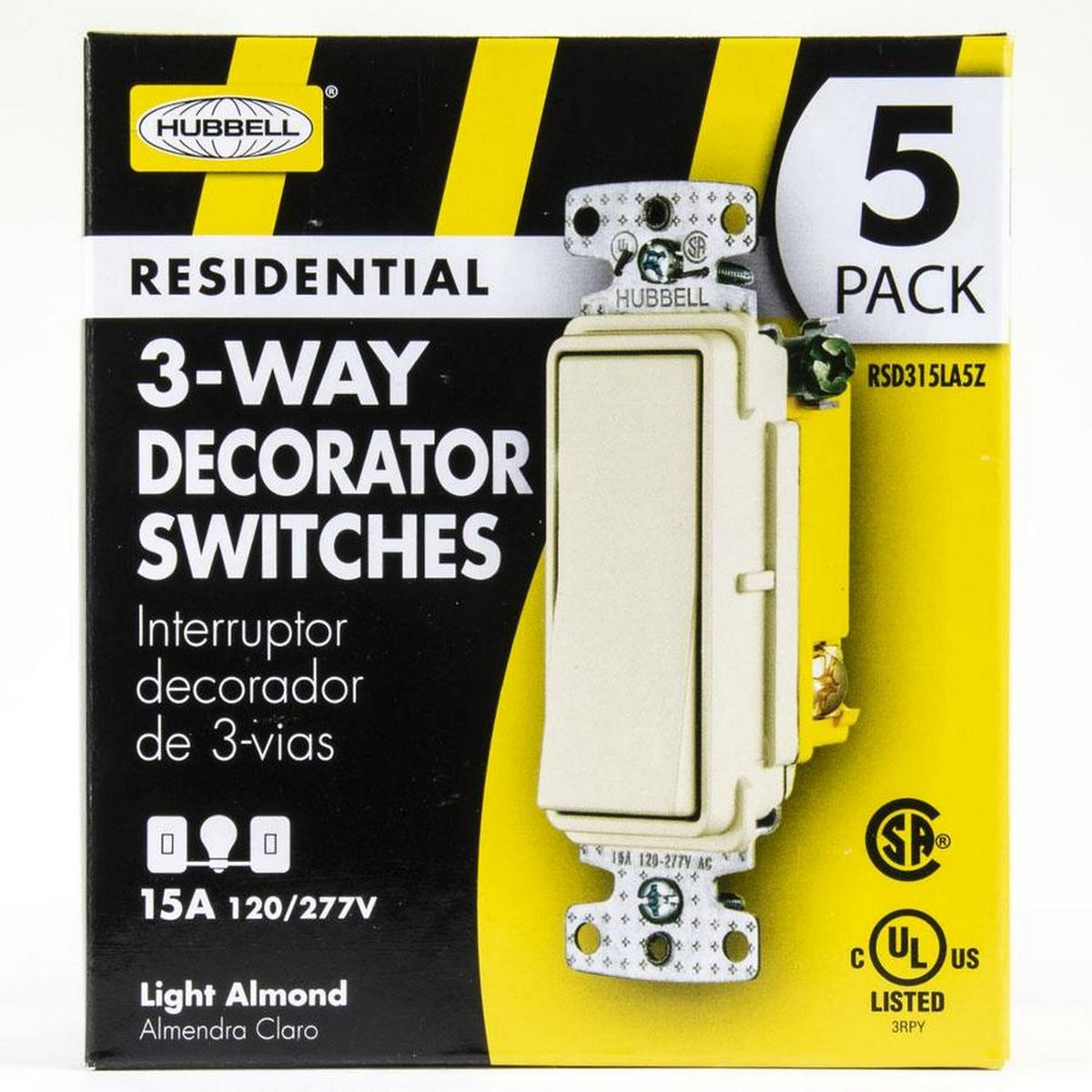 Hubbell RSD315LA Lt Almond Decorator Rocker Wall Light Switches 3-Way 15A 5-Pack
