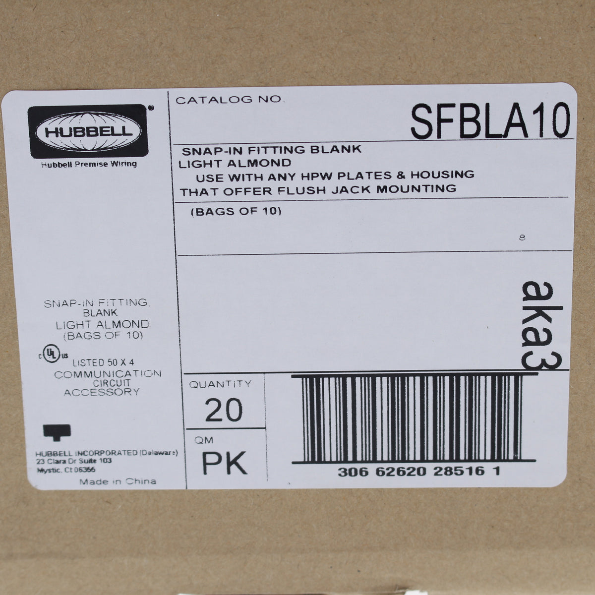 Hubbell SFBLA10 Light Almond Snap-In Fit Blank Filler Plate HPW Inserts 200-Pack