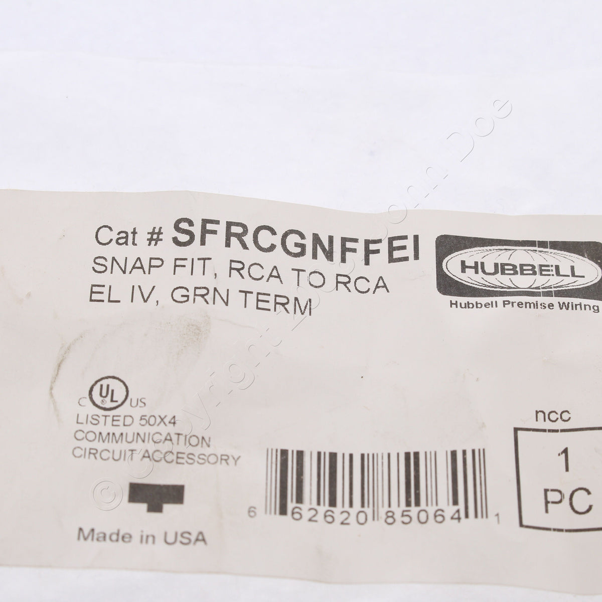 Hubbell Ivory Snap-Fit Keystone Video Cable Jack Green Center RCA/RCA SFRCGNFFEI