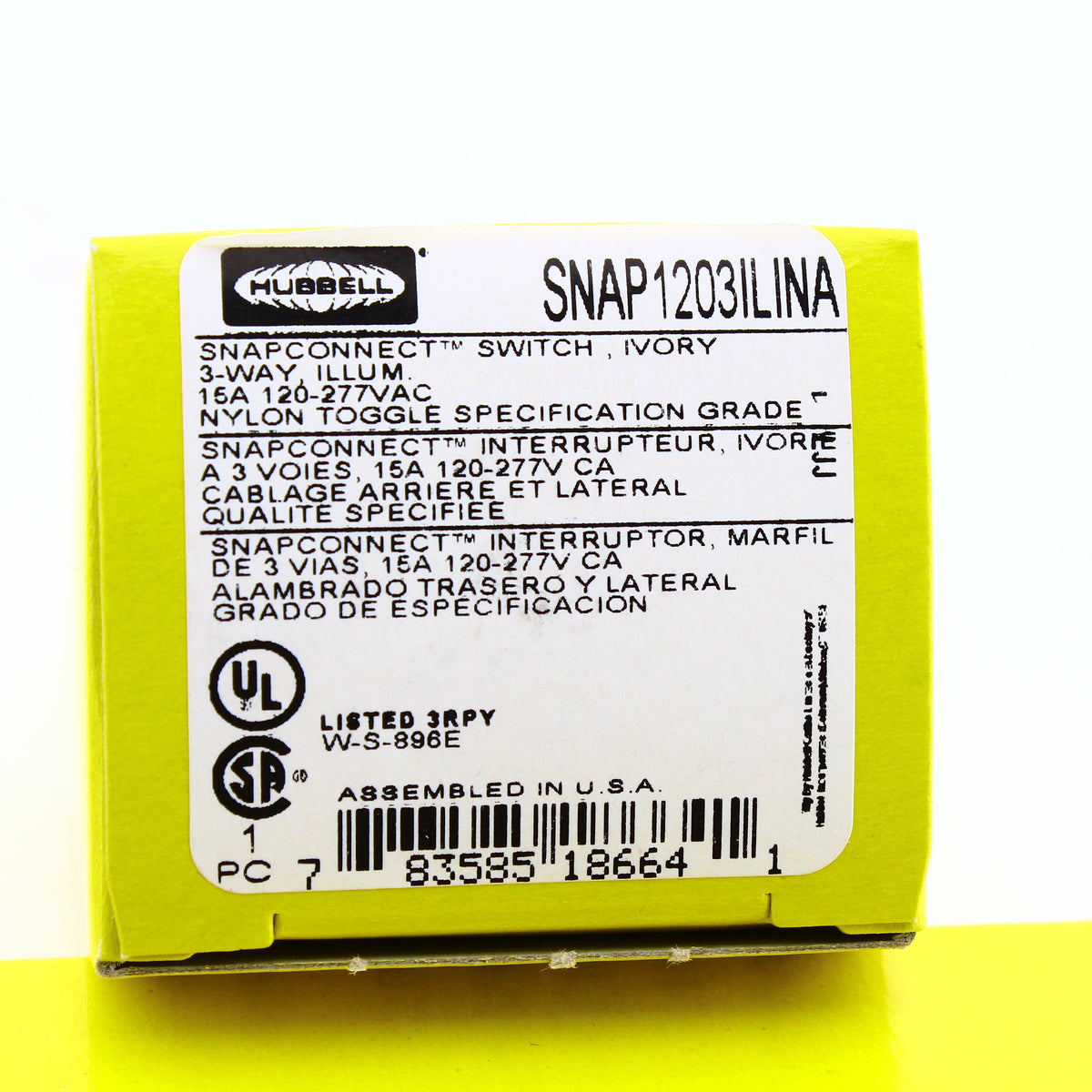 Hubbell SNAPConnect Illuminated Ivory 3-Way Toggle Switch 15A SNAP1203ILINA
