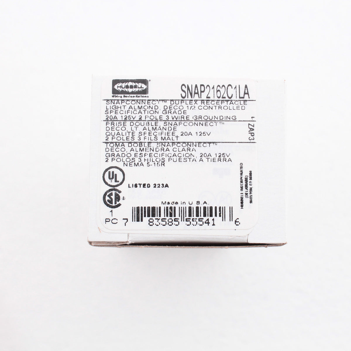 Hubbell Lt Almond SnapConnect Receptacle 1/2 Controlled 20A SNAP2162C1LA