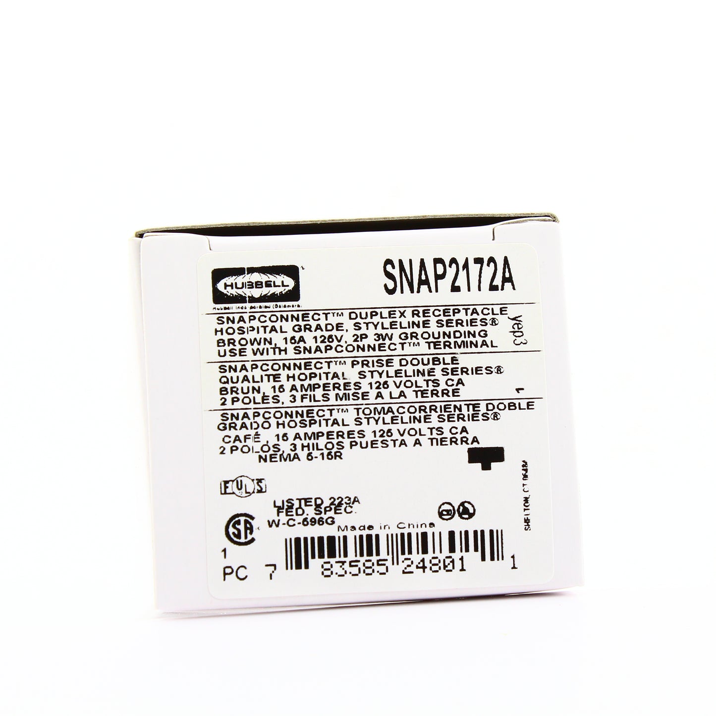 Hubbell SNAP2172A Brown SnapConnect Hospital Grade Duplex Outlet Receptacle 15A