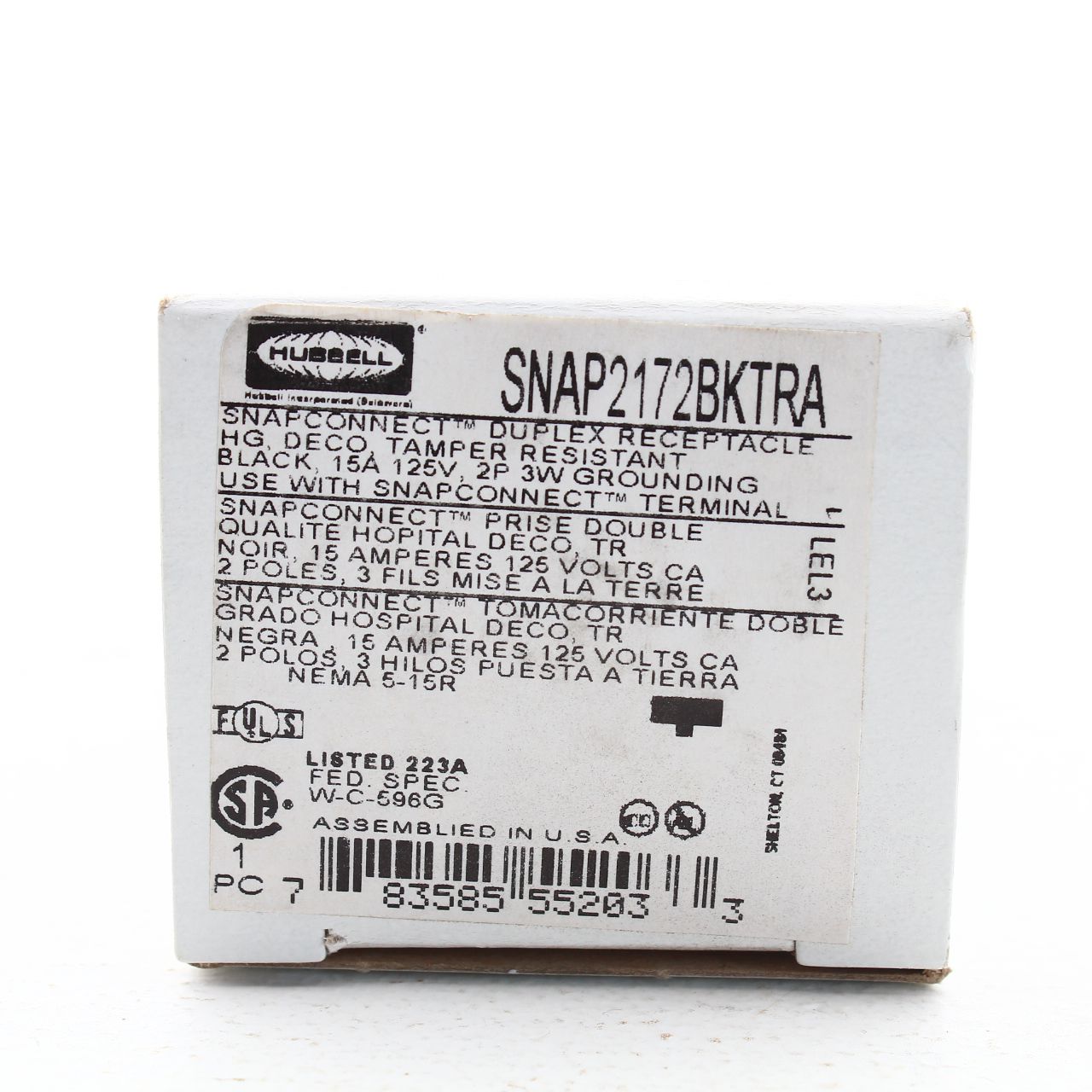 Hubbell SNAP2172BKTRA Black SnapConnect Hospital Grade TR Outlet Receptacle 15A