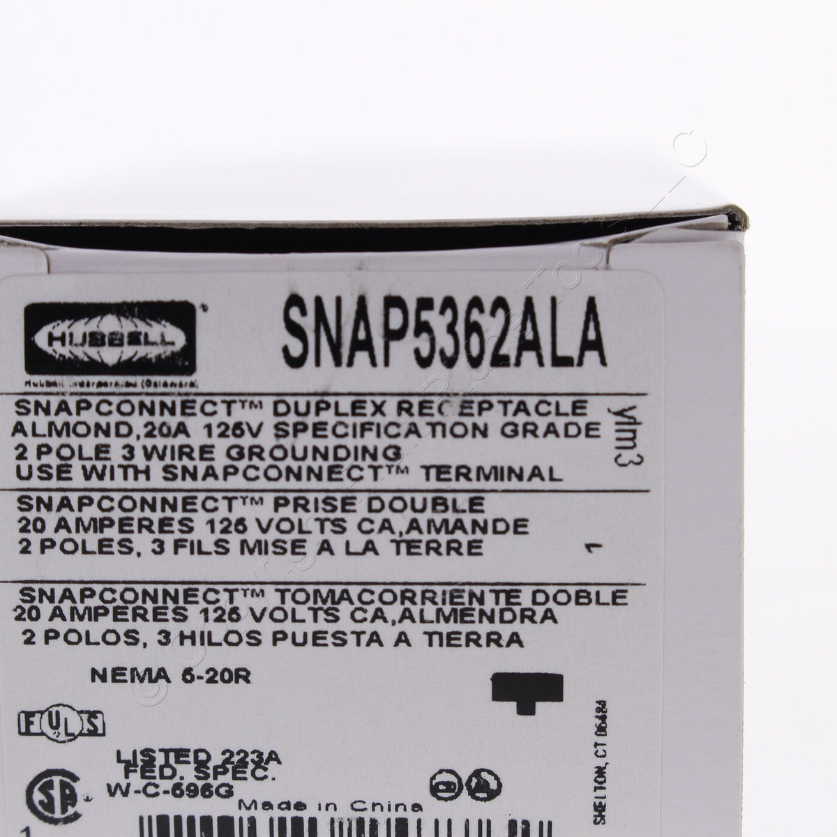 Hubbell SnapConnect Duplex Receptacle Almond 20A 125V Specification Grade