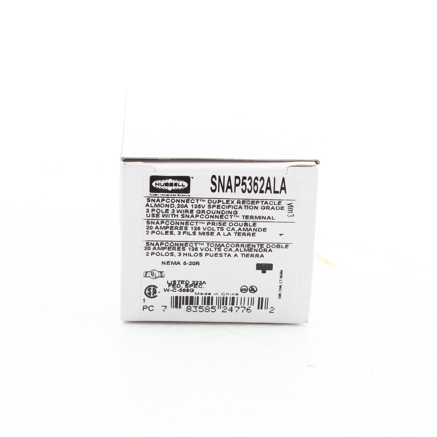 Hubbell SNAP5362ALA Almond SnapConnect Duplex Outlet Receptacle Spec Grade 20A