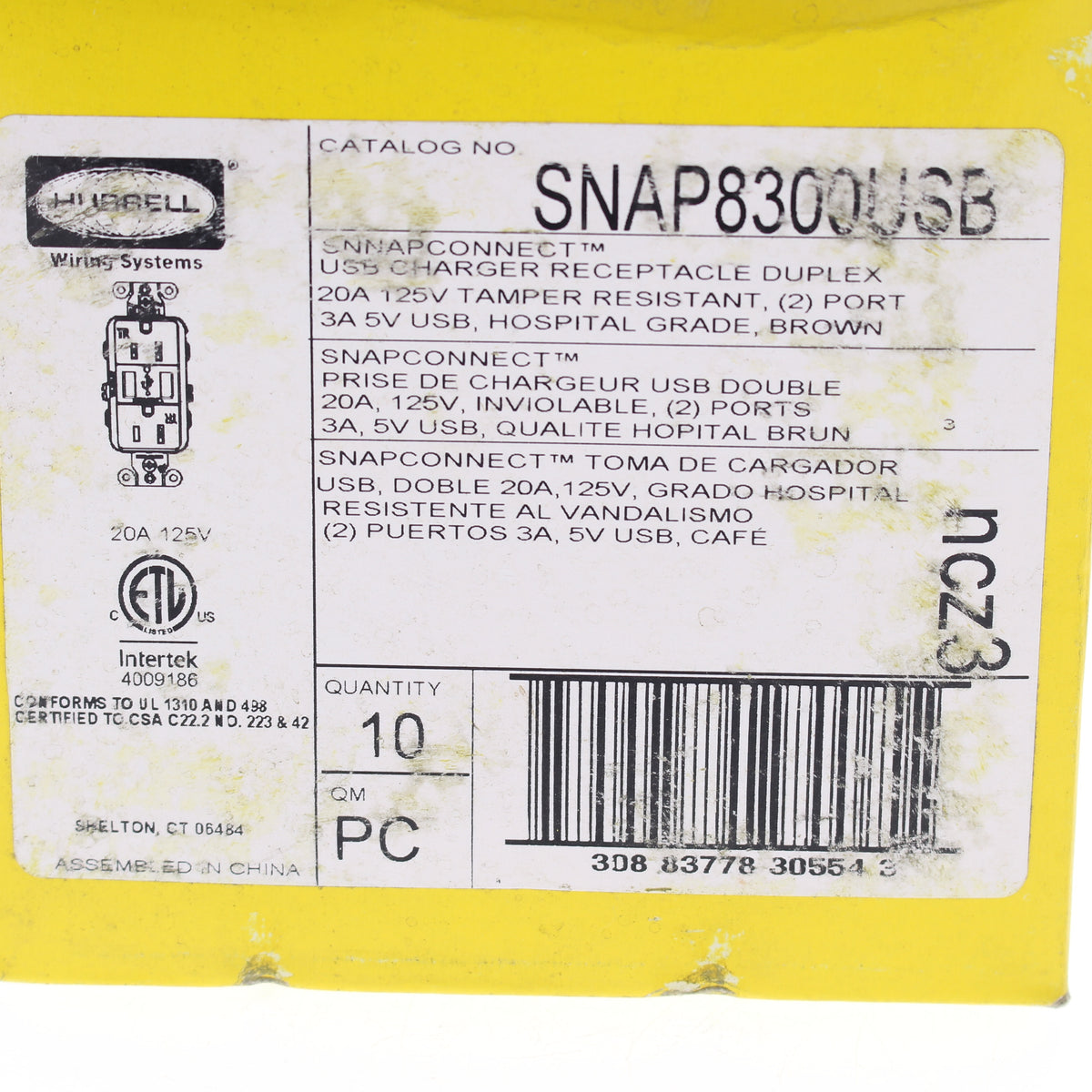 Hubbell SNAP8300USB Brown Hospital SnapConnect 20A TR Receptacles USB 10-Pack