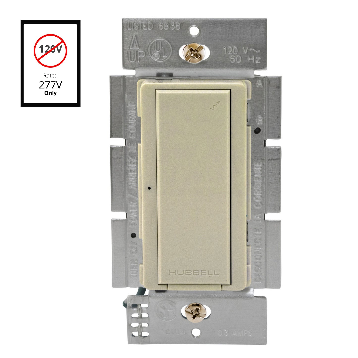 Hubbell WLAS277I Ivory Decorator Light Switch RF Receiver Single Pole 8.3A 277V