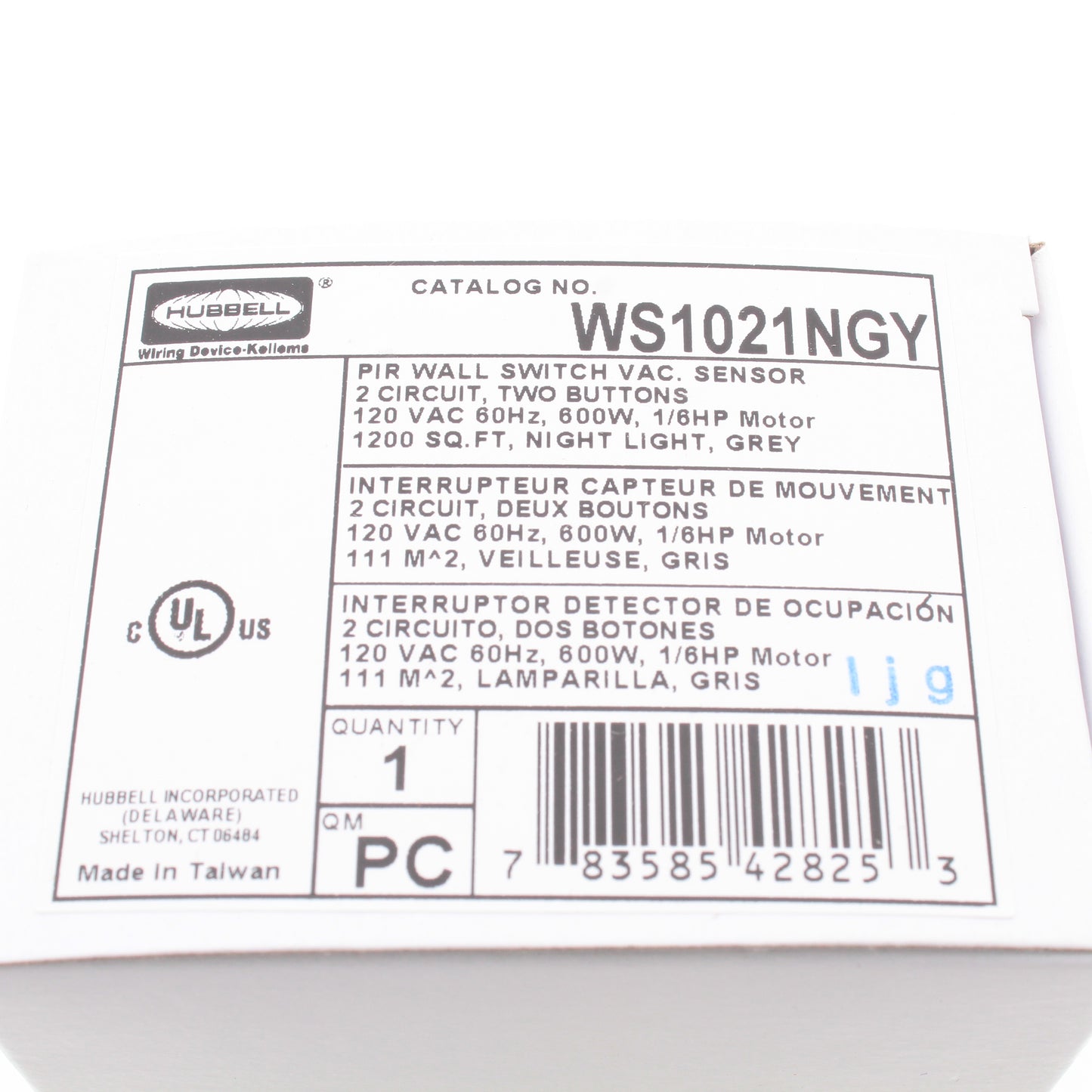 Hubbell WS1021NGY Gray Vacancy Sensor Switch w/Nightlight No Neutral 2-Circuit