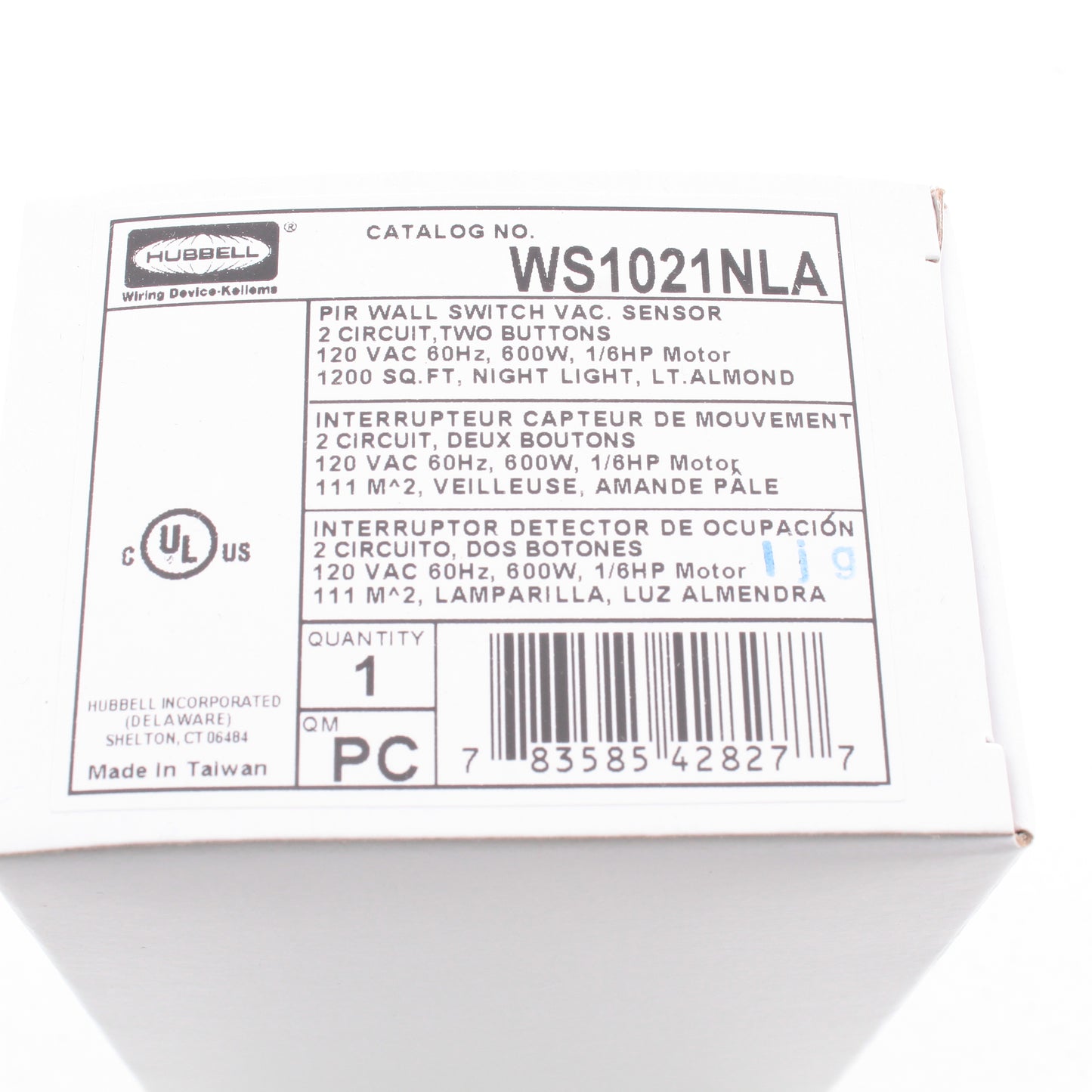 Hubbell WS1021NLA Lt Almond Vacancy Sensor Switch w/Nightlight No Neutral 2-Cir