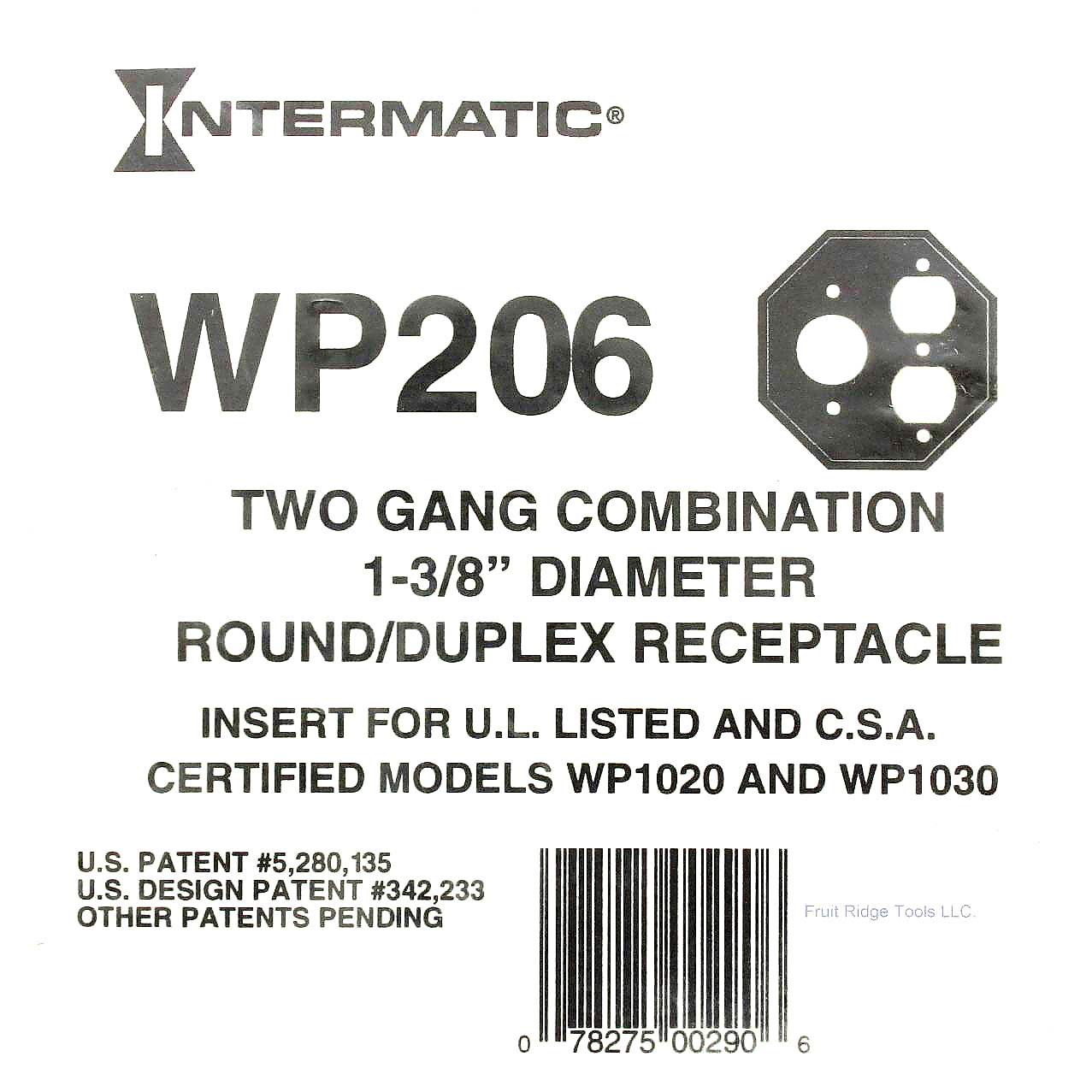 Intermatic 2-Gang Waterproof Duplex Receptacle 1-3/8" Dia Insert Plate WP206