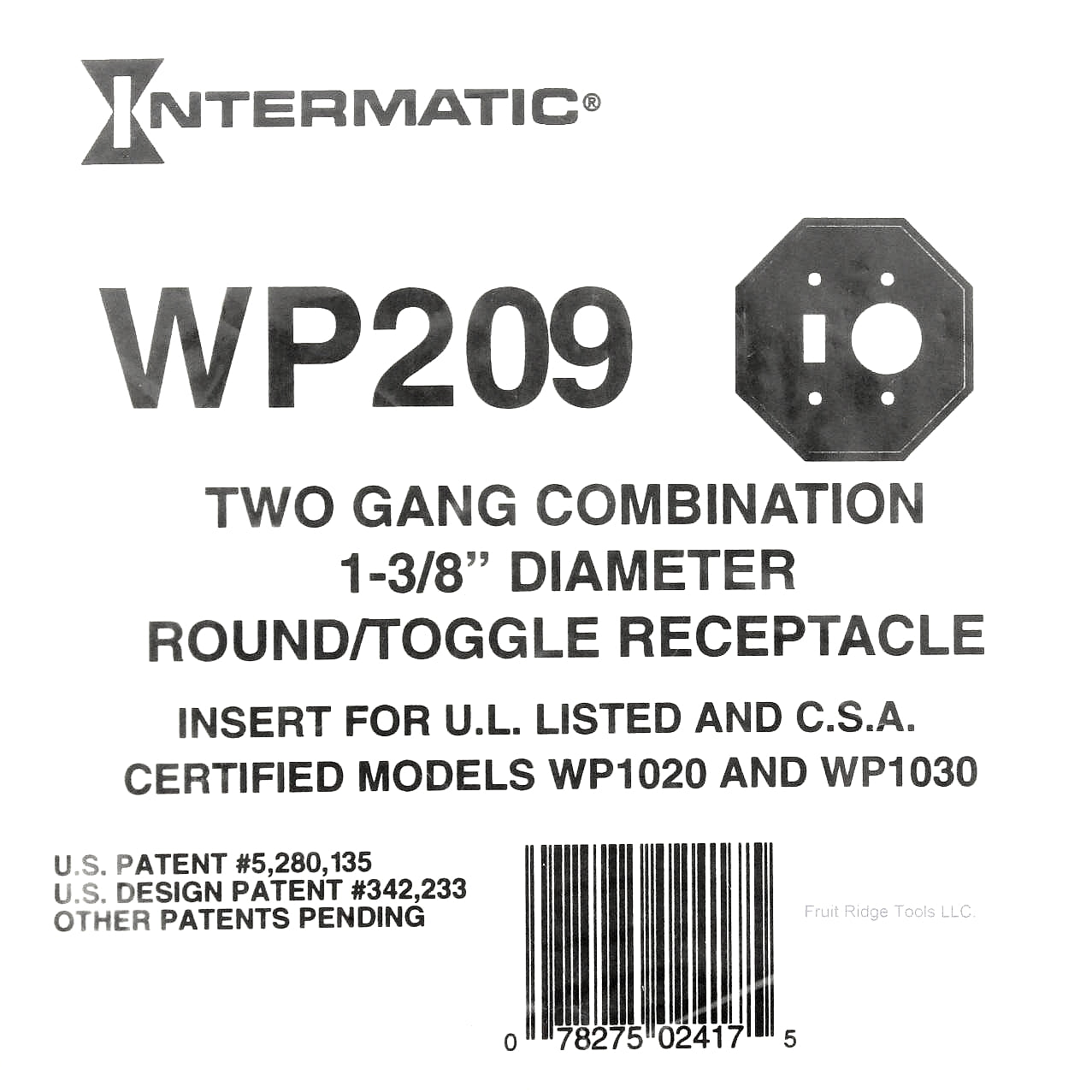 Intermatic 2-Gang Waterproof Single Toggle Switch 1-3/8" Dia Insert Plate WP209