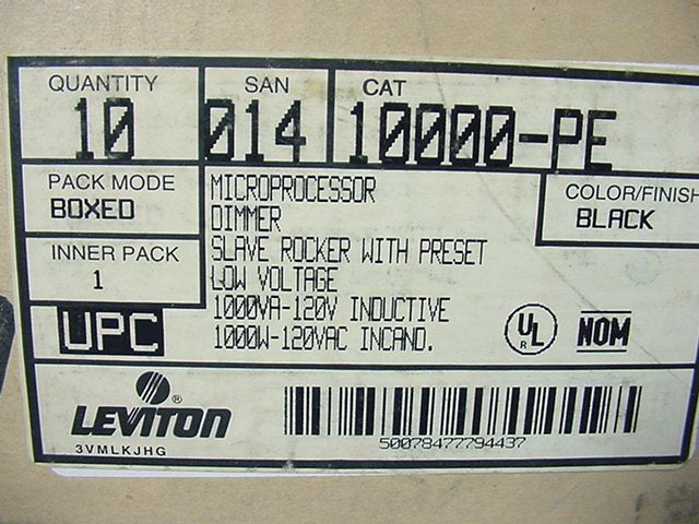 Leviton 10000-PE Black Decora Micro Slave Rocker Dimmer Switches w/Preset 10pcs
