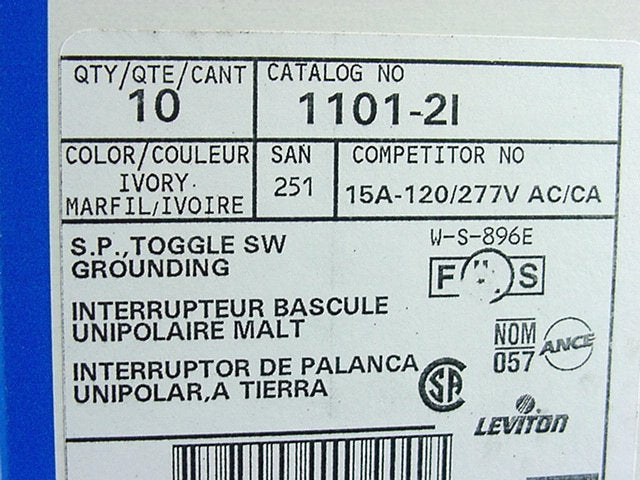 Leviton 1101-2I Ivory Industrial Toggle Wall Light Switch 15A Single Pole 10pcs