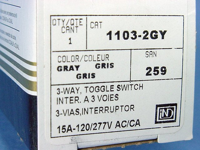 Leviton 1103-2GY Gray Industrial Grade Toggle Wall Light Switch 3-Way 15A Boxed