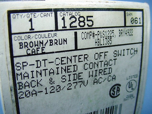 Leviton Brown SPDT Double THROW Maintained Contact Toggle Switch 20A 1285 Boxed