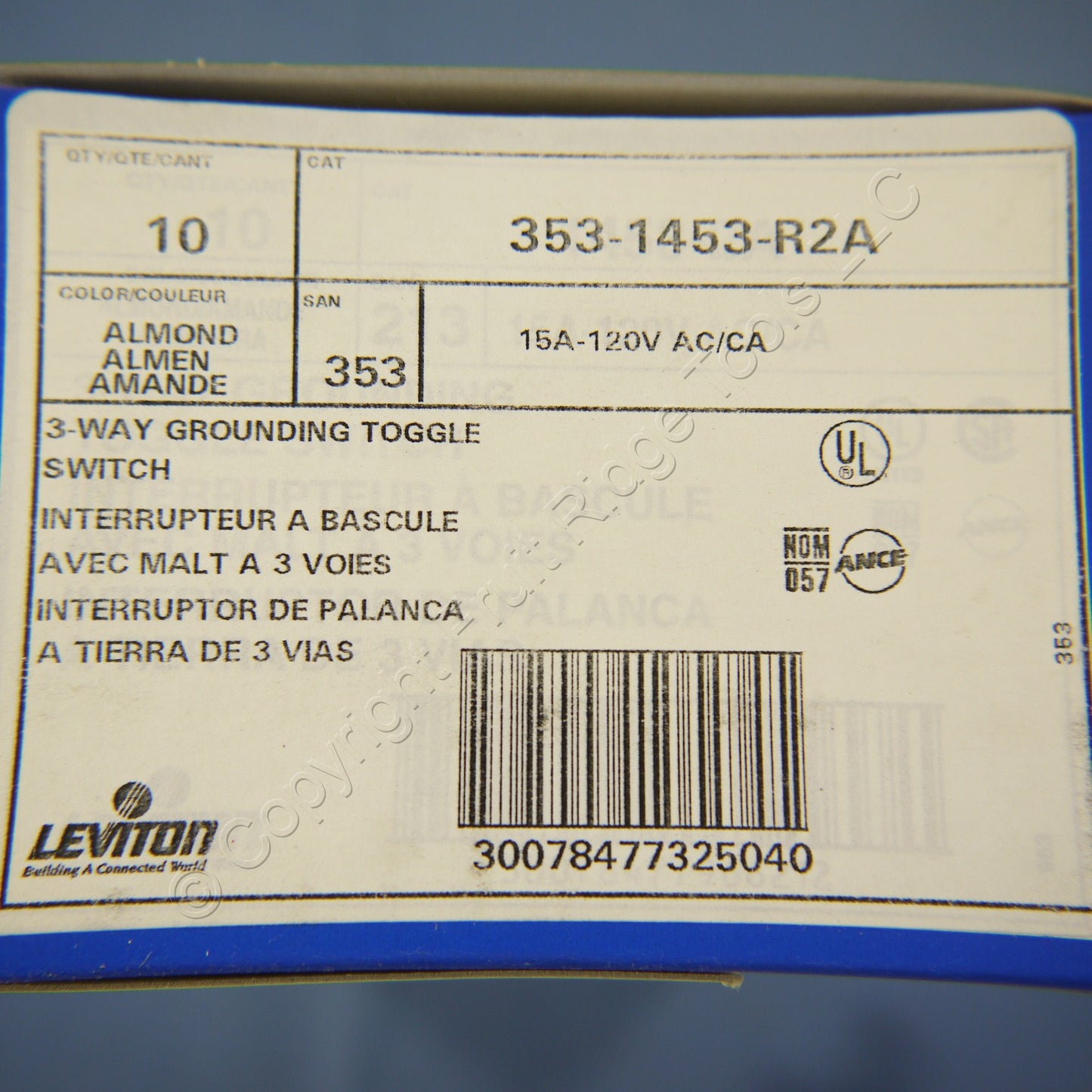10 Leviton Almond 3-Way Toggle Wall Light Switches Quickwire 15A 120V 1453-R2A