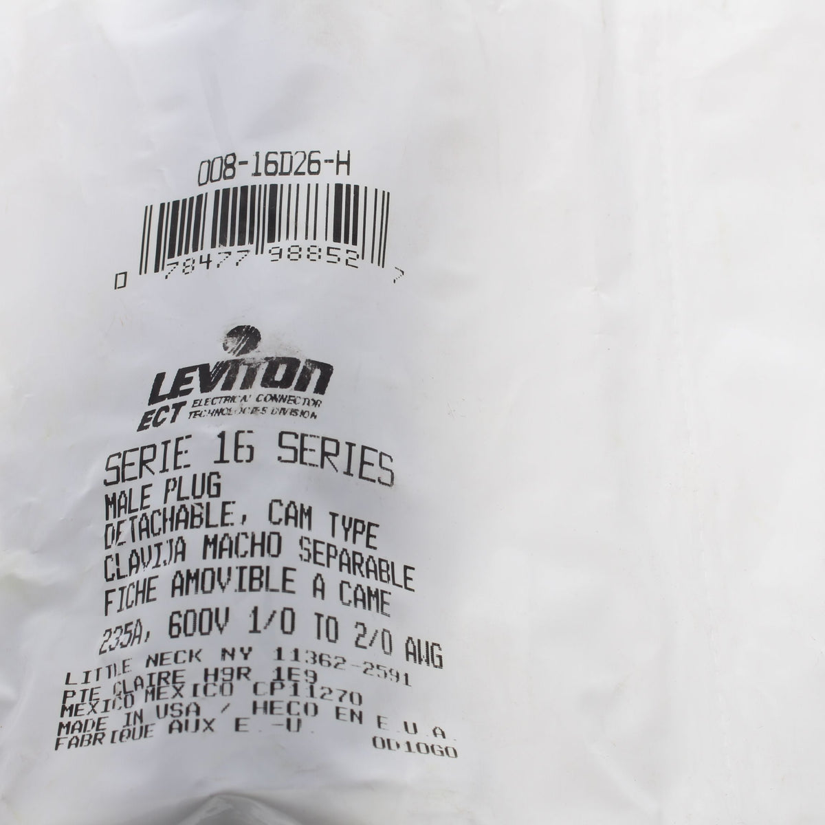 Leviton Brown 16 Series Male Detachable Cam-Type Plug Crimped 300A 600V 16D26-H