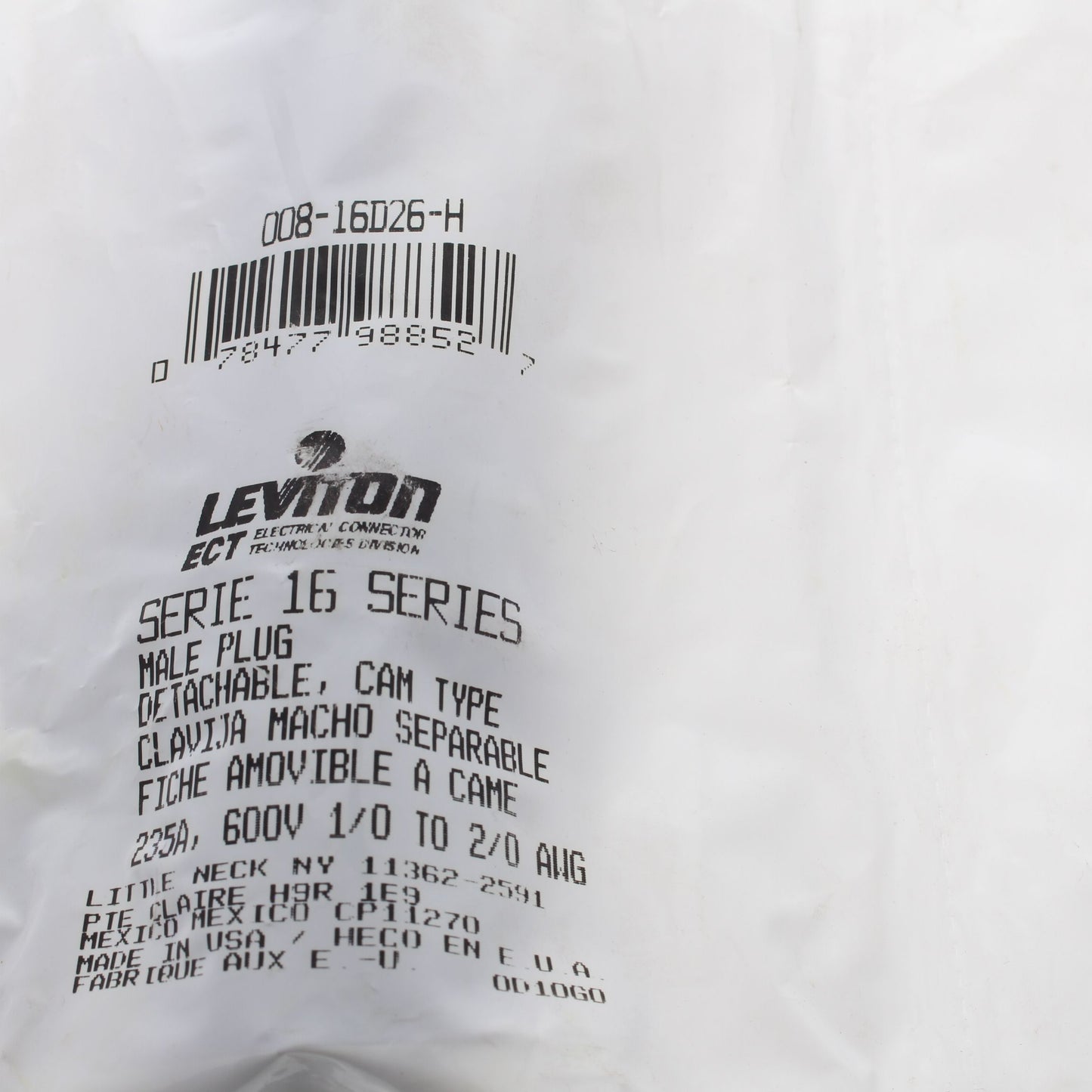 Leviton Brown 16 Series Male Detachable Cam-Type Plug Crimped 300A 600V 16D26-H