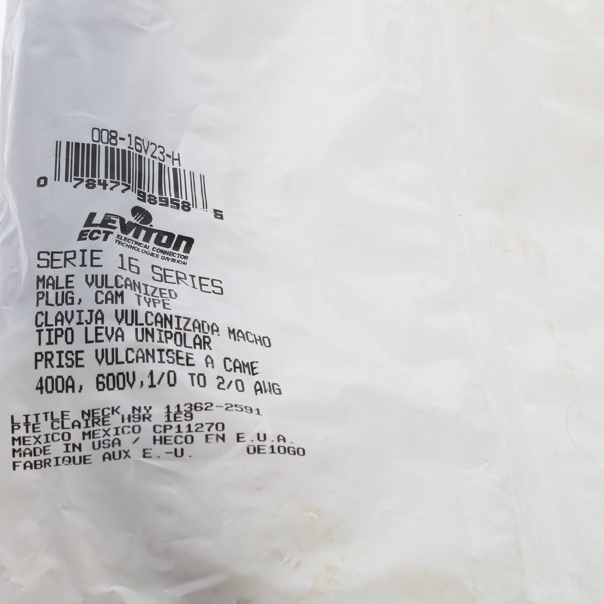 Leviton 16V23-H Brown 16 Series Vulcanized Cam-Type Plug 400A 600V Crimped