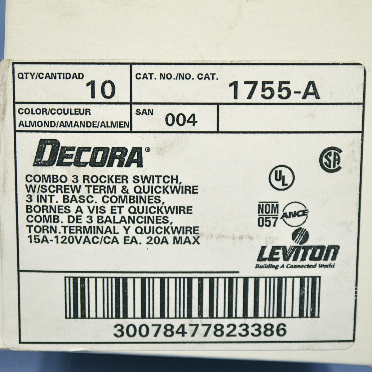 Leviton 1755-A Almond Decora Triple Rocker Wall Light Switches Triplex 15A 10pcs