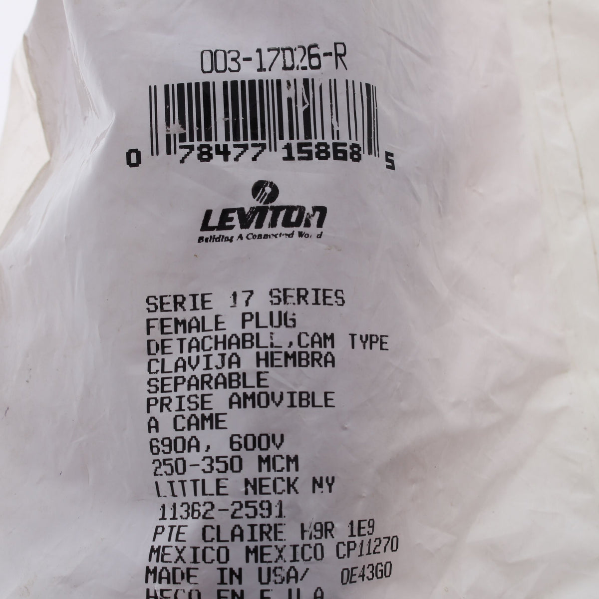 Leviton Red 17 Series Detachable Female Cam Plug Dual Screw 690A 600V 17D26-R