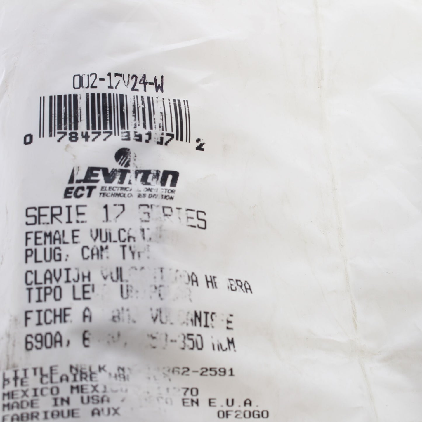 Leviton White 17 Series Female Cam-Type Plug Crimped Style 690A 600V 17V24-W