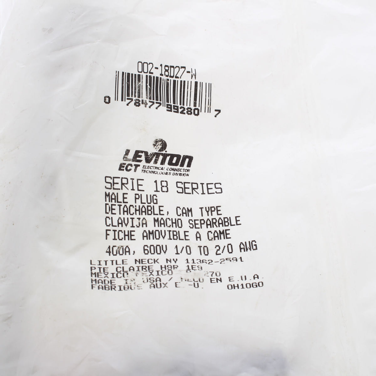 Leviton White 18 Series Detachable Male Cam-Type Plug Crimped 400A 600V 18D27-W