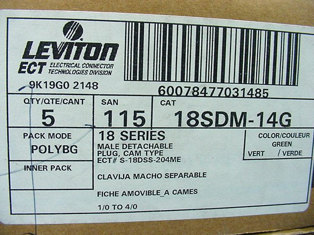 5 Leviton Green 18 Series Male Cam Plug Connector Insulating Sleeves 18SDM-14G