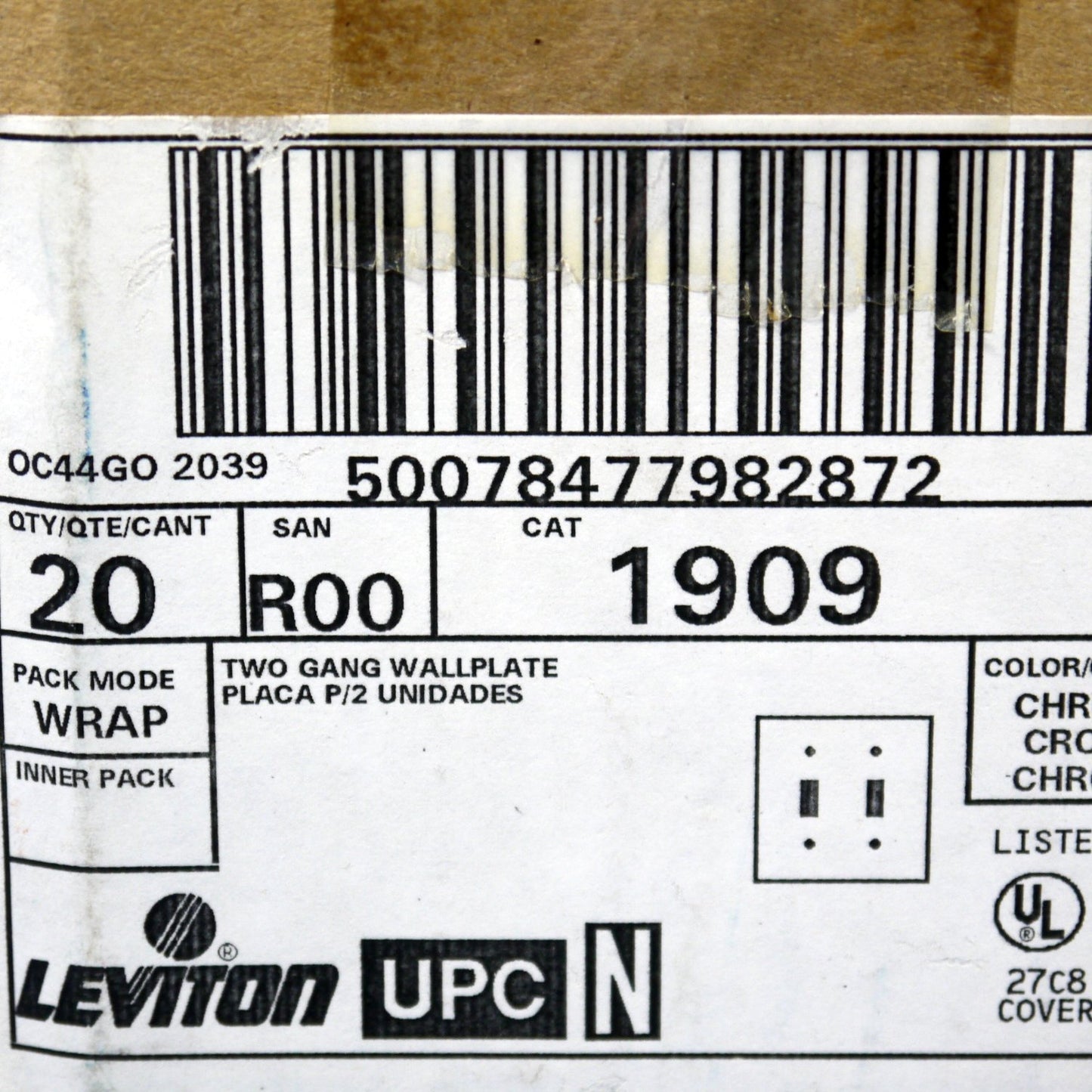 Leviton 1909 Chrome 2-Gang Toggle Chrome Plated Steel Wallplate Covers 20pcs