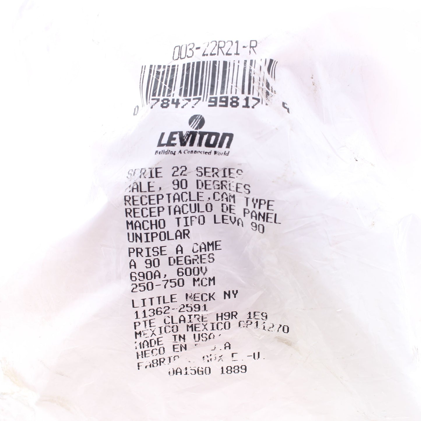 Leviton Red ECT 22 Series Receptacle Male Panel Outlet 690A 600V 22R21-R