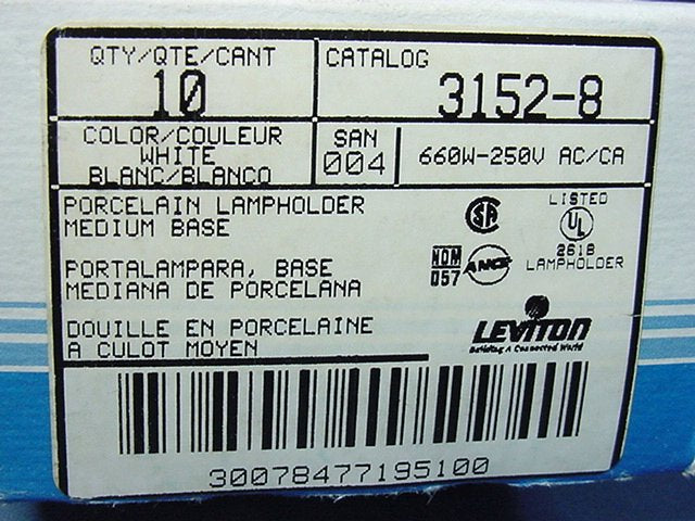 Leviton 3152-8 Medium Porcelain Lamp Holders Light Socket 1/8" IPS Hickey 10pk
