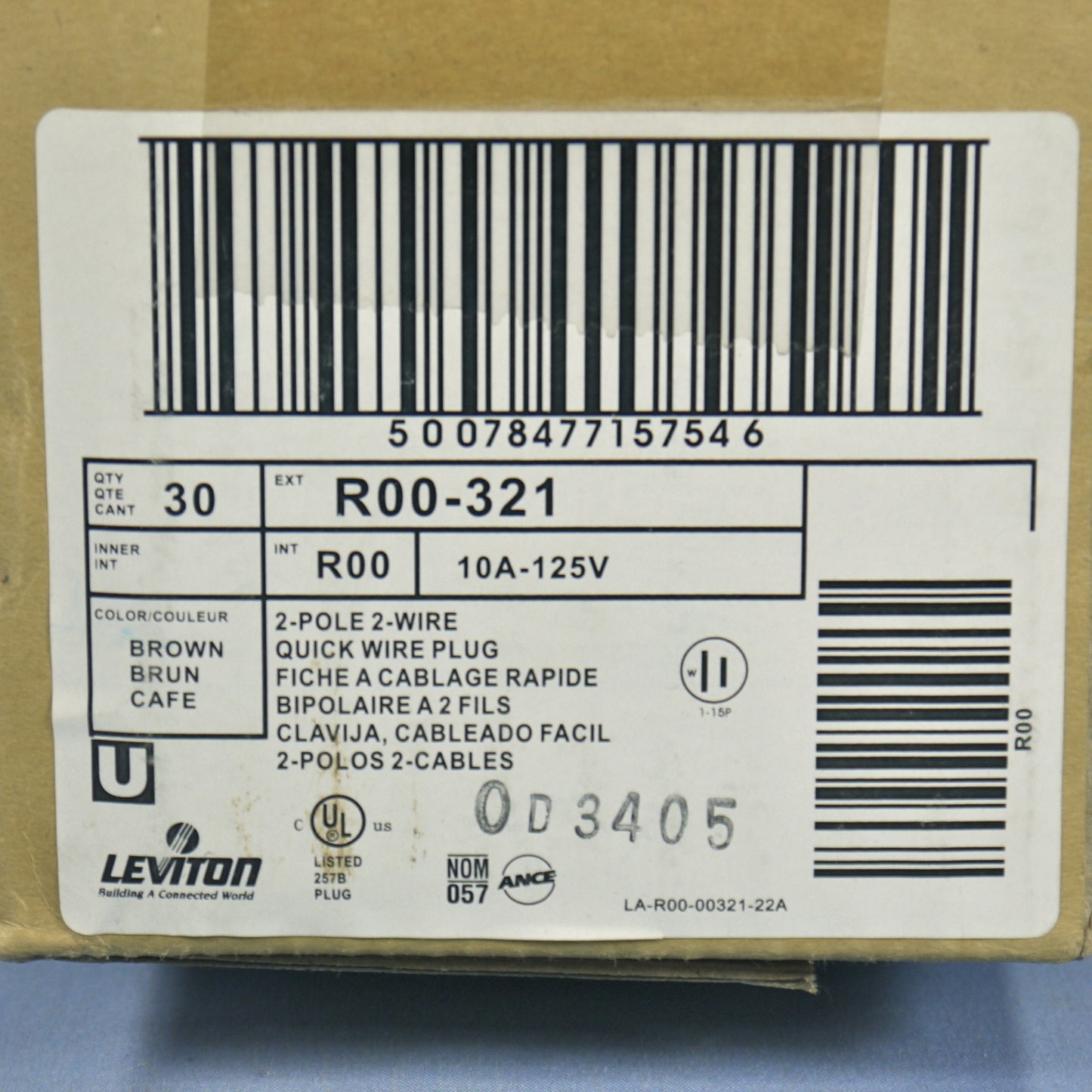 30 Leviton Brown Side Mount Easy-Wire Angle Plugs 15A 1-15P Non-Polarized 321