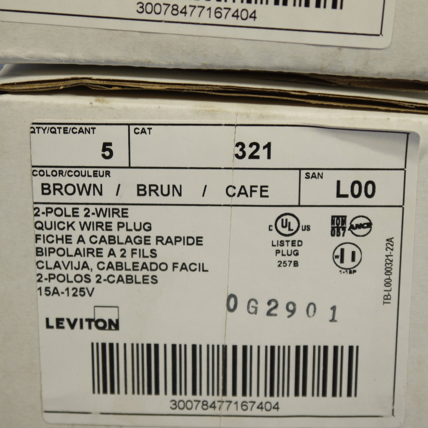 10 Leviton Brown Side Mount Easy-Wire Angle Plugs 15A 1-15P Non-Polarized 321