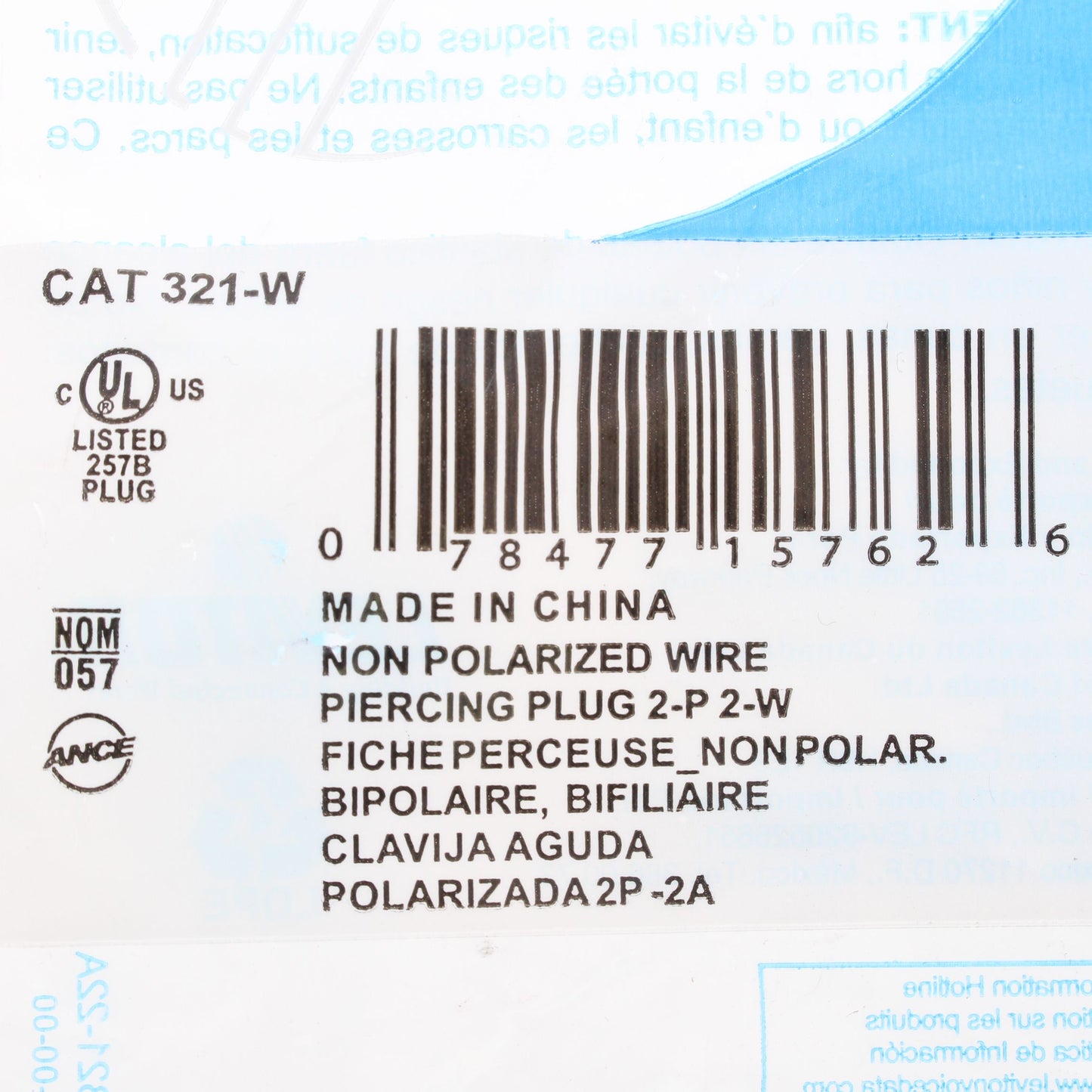 Leviton Side Mount Right Angle Easy-Wire Plug 15A 1-15P 125V Non-Polarized 321-W
