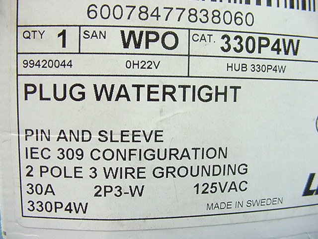 Leviton 330P4W Yellow Watertight Industrial Pin & Sleeve Plug 30A 125VAC IEC 309