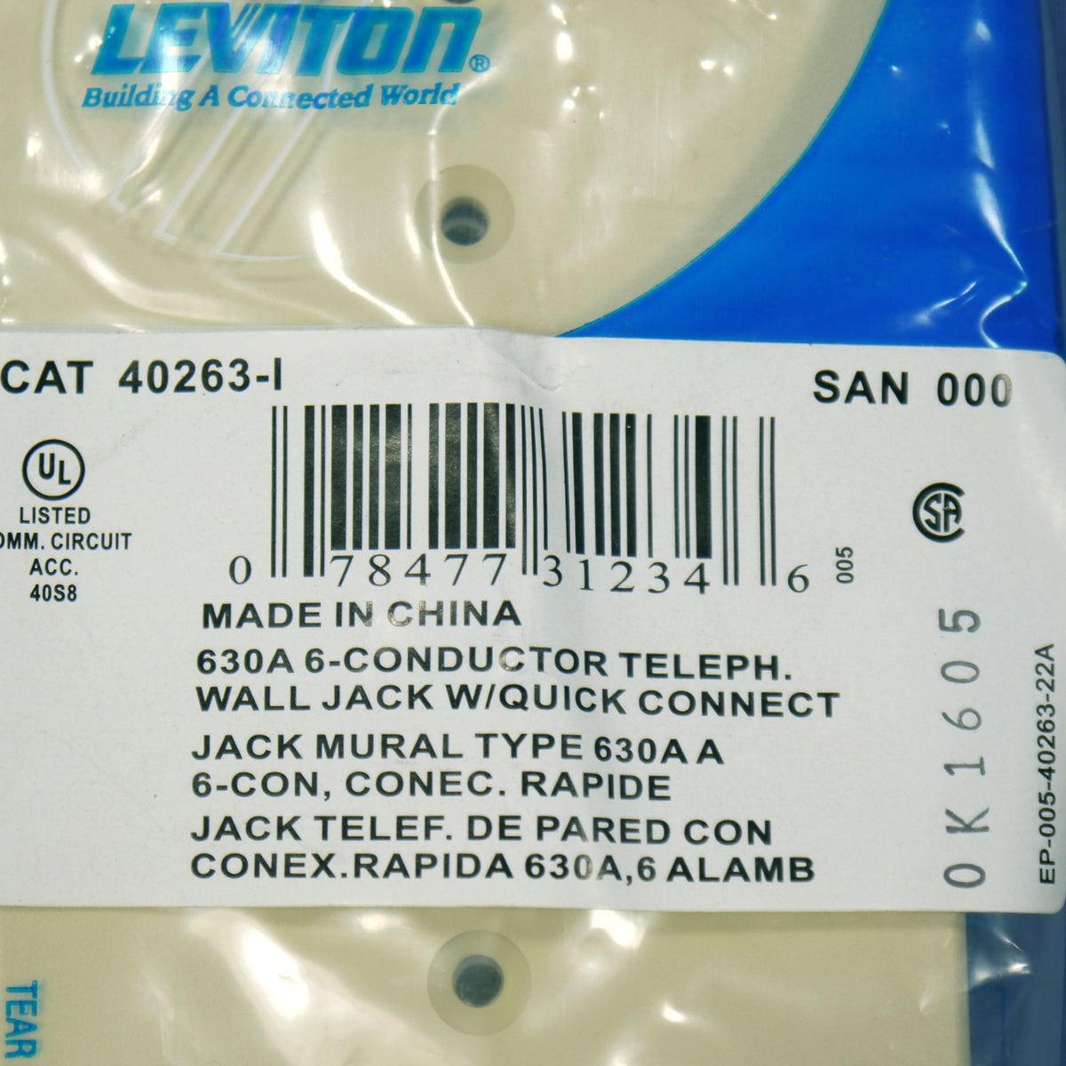 Leviton Ivory Quickconnect Wall Mount Type 630A Telephone Outlet Jack 40263-I