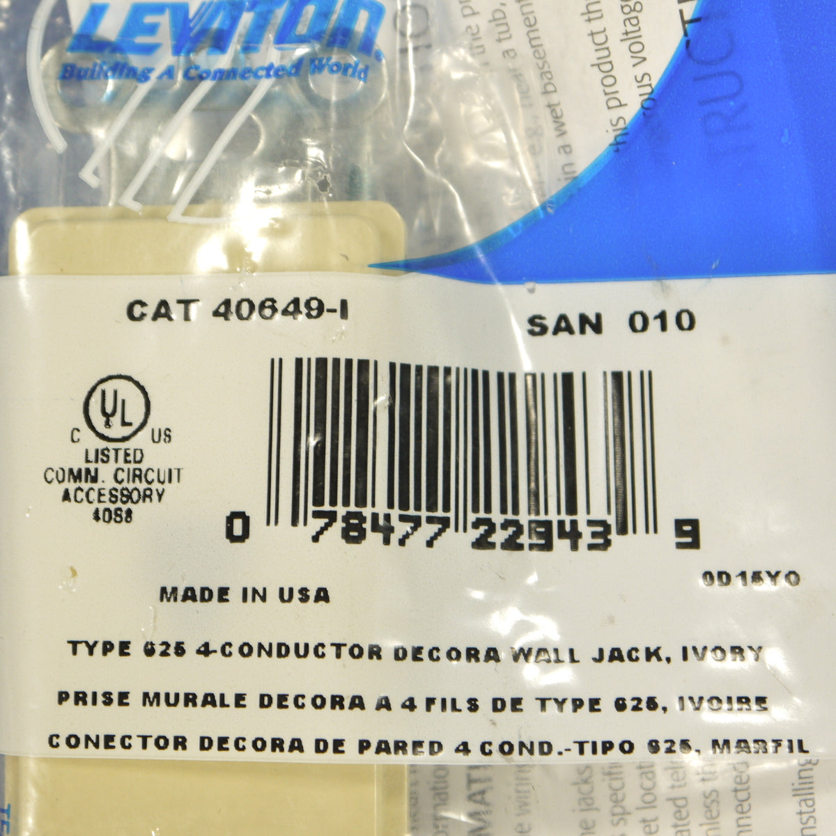 Leviton Ivory Plastic Flush Decora Phone Jack Telephone Wallplate Insert 40649-I