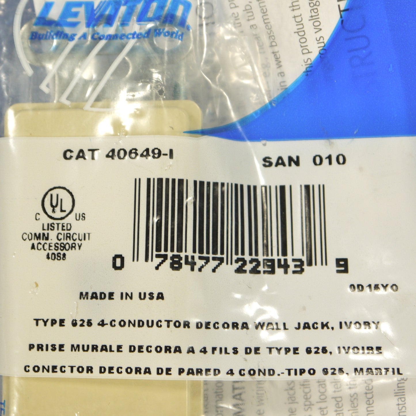 Leviton Ivory Plastic Flush Decora Phone Jack Telephone Wallplate Insert 40649-I