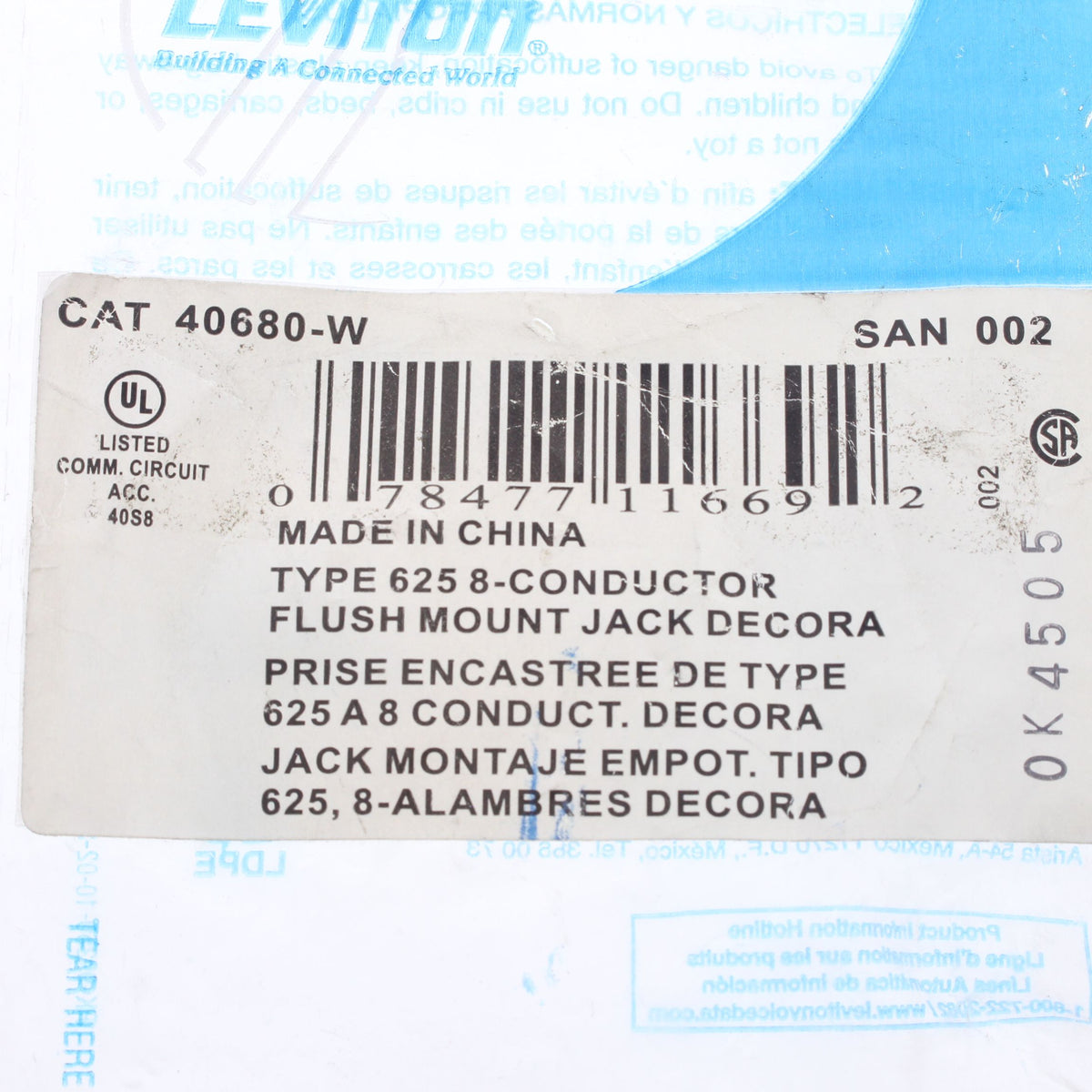 Leviton 40680-W White 1-Gang Decora 8-Wire Jack Telephone Modular Wallplate
