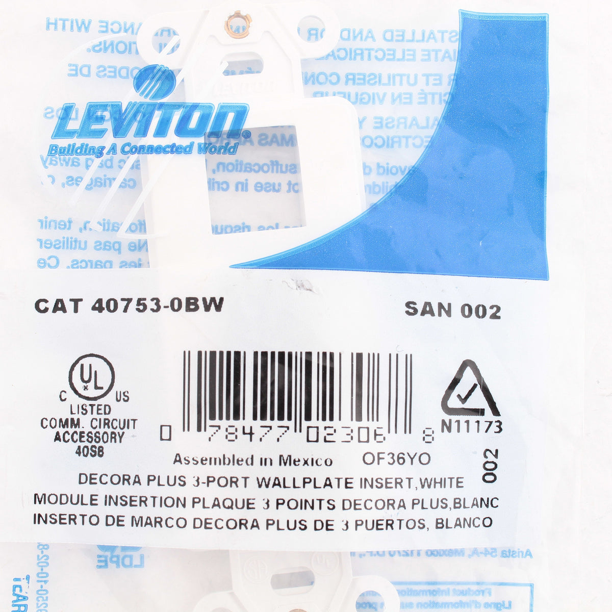 Leviton 40753-BW White 3-Port Quickport Decora Insert Platform w/Wallplate