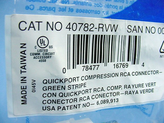 Leviton Quickport White Compression RCA Coax Connector Green Center 40782-RVW