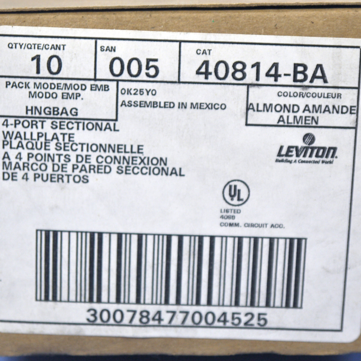 Leviton 40814-BA Almond Quickport 1-Gang 4-Port End Sectional Wallplates 10-Pack