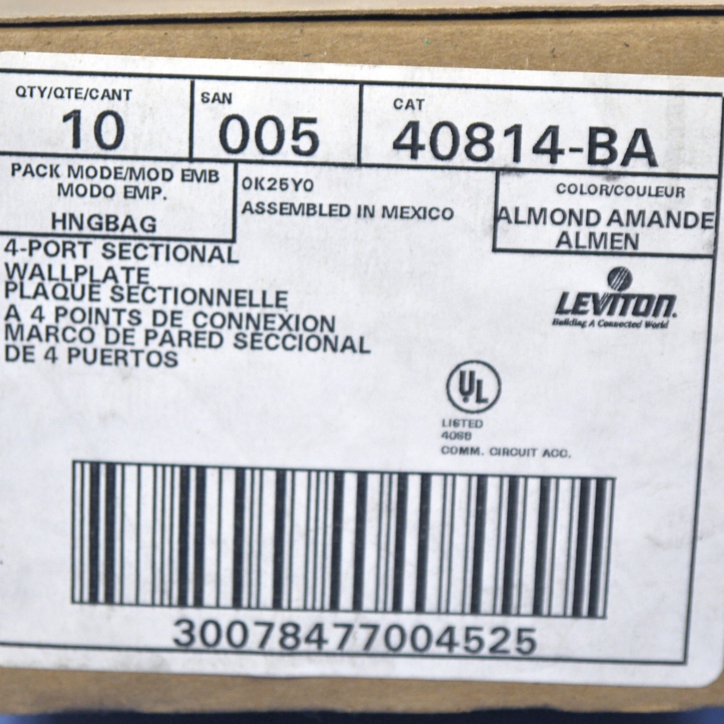 Leviton 40814-BA Almond Quickport 1-Gang 4-Port End Sectional Wallplates 10-Pack