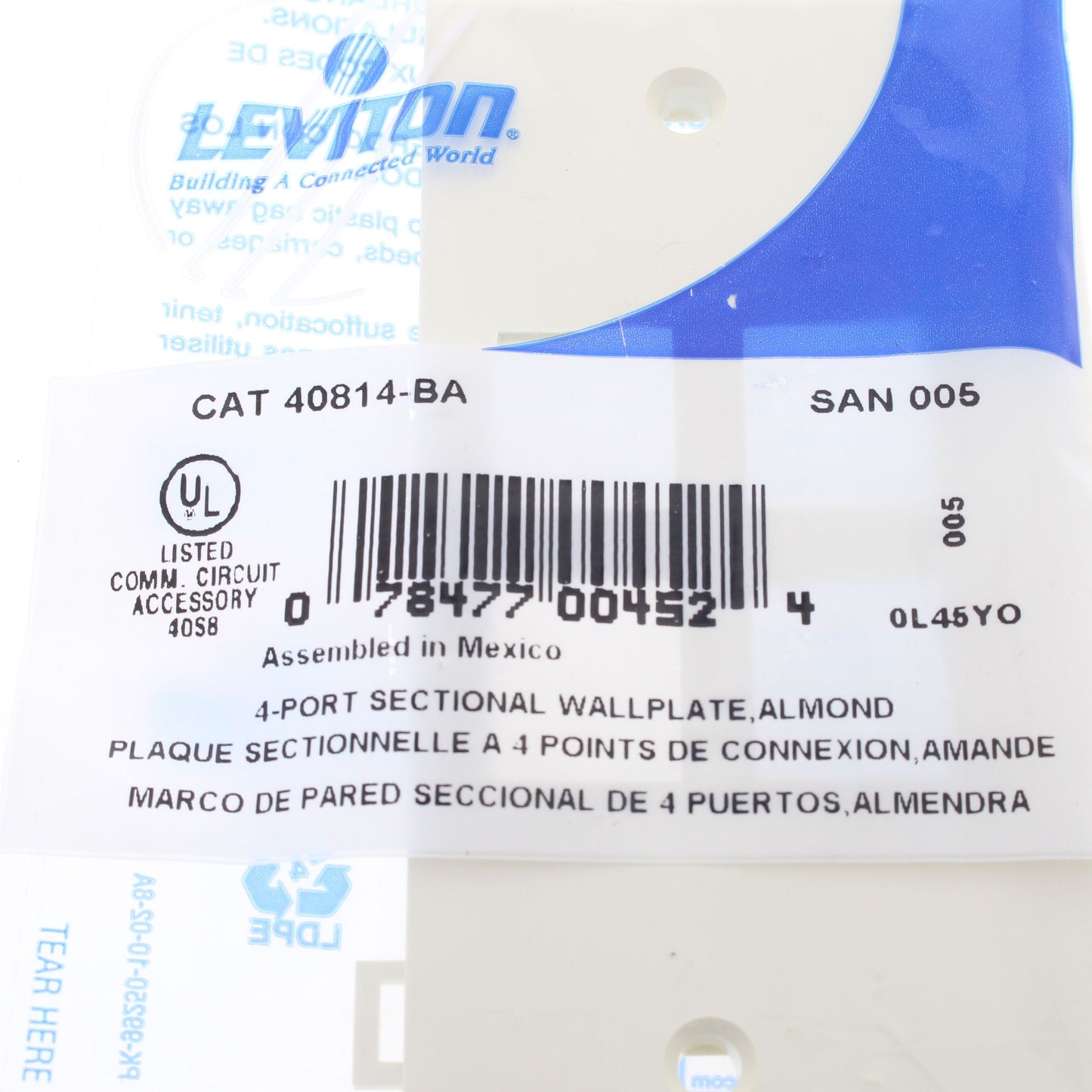 Leviton 40814-BA Almond 1-Gang Quickport 4-Port Sectional Nylon Wallplate Cover