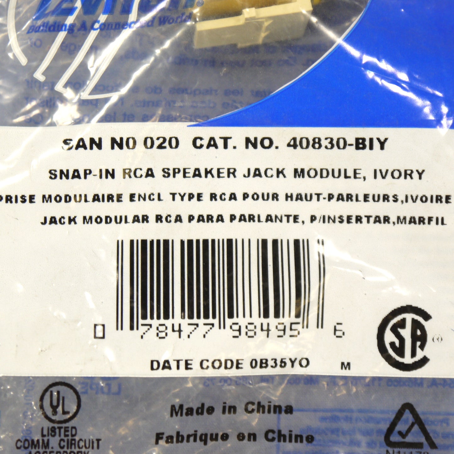 Leviton 40830-BIY Quickport RCA Video Gold Jack with Yellow Stripe