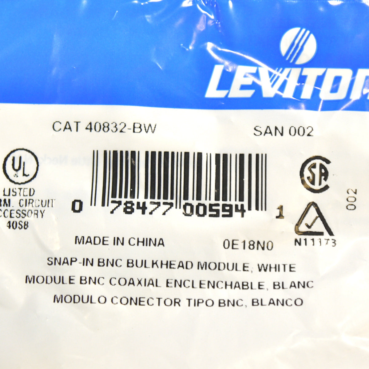Leviton 40832-BW White Quickport Feed-Thru Female BNC Snap-In Gold-Plated Jack