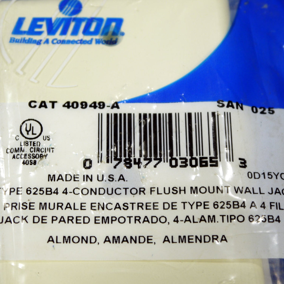 Leviton Almond 4-Conductor 625B4 Flush Mount Phone Jack Wallplate 6P4C 40949-A