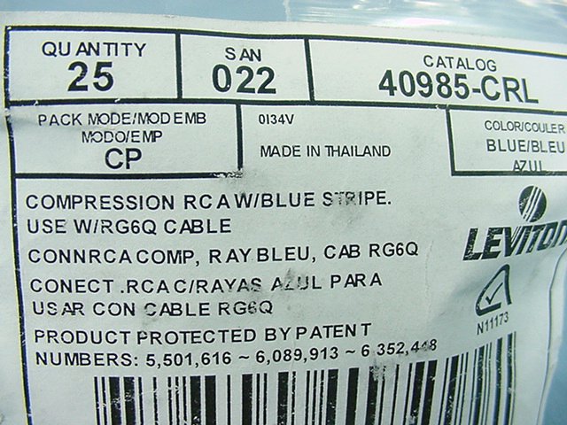 25 Blue Leviton Compression RCA Connectors RG6 Coaxial Cable Universal 40985-CRL